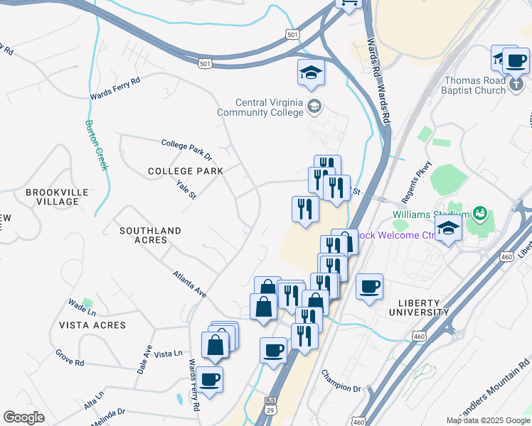 map of restaurants, bars, coffee shops, grocery stores, and more near 1600 Wards Ferry Road in Lynchburg