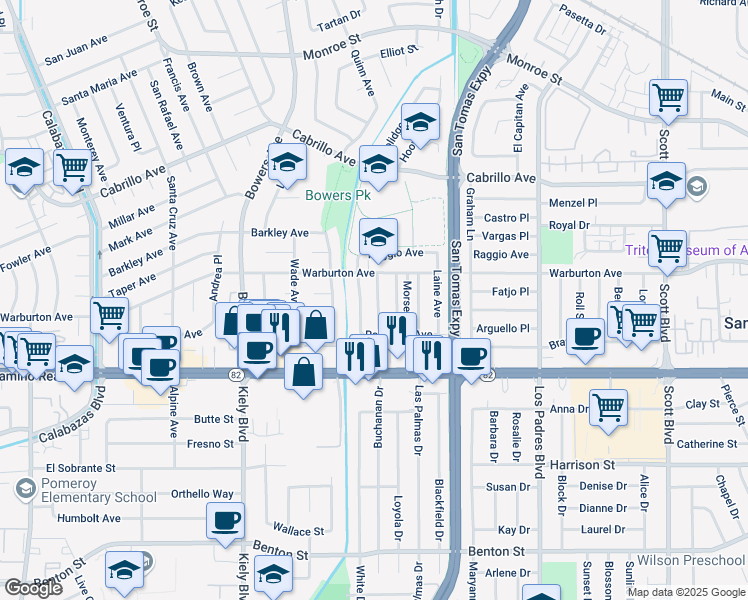 map of restaurants, bars, coffee shops, grocery stores, and more near 1749 Ravizza Avenue in Santa Clara
