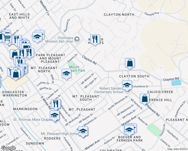 map of restaurants, bars, coffee shops, grocery stores, and more near 3382 Mount Wilson Drive in San Jose