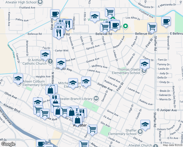 map of restaurants, bars, coffee shops, grocery stores, and more near 2001 Fifth Street in Atwater