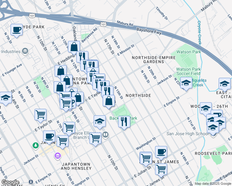 map of restaurants, bars, coffee shops, grocery stores, and more near 644 North 14th Street in San Jose
