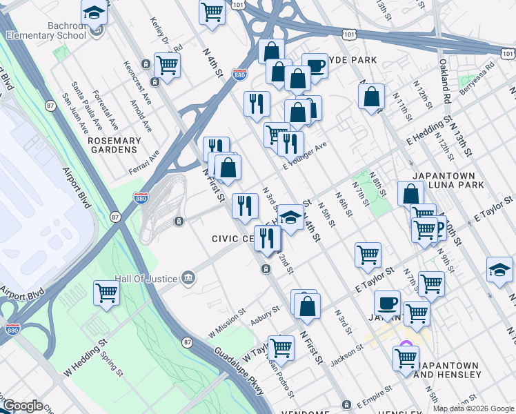 map of restaurants, bars, coffee shops, grocery stores, and more near 939 North 2nd Street in San Jose