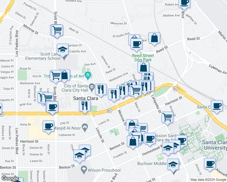 map of restaurants, bars, coffee shops, grocery stores, and more near 1620 Monroe Street in Santa Clara