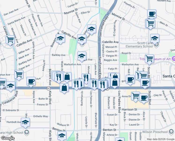 map of restaurants, bars, coffee shops, grocery stores, and more near 1745 Higgins Avenue in Santa Clara