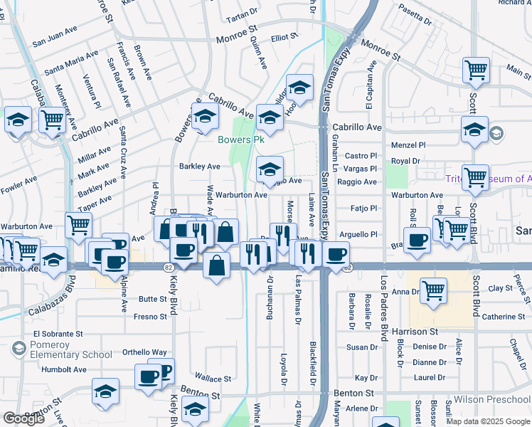map of restaurants, bars, coffee shops, grocery stores, and more near 1749 Ravizza Avenue in Santa Clara