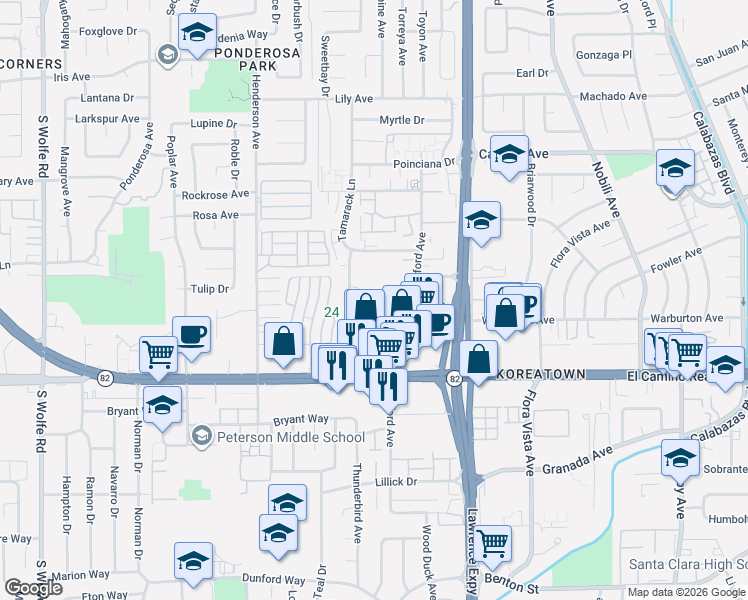 map of restaurants, bars, coffee shops, grocery stores, and more near 1700 Halford Avenue in Santa Clara