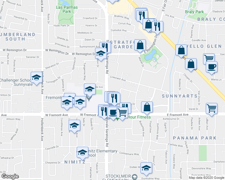map of restaurants, bars, coffee shops, grocery stores, and more near 1239 Gainsborough Drive in Sunnyvale