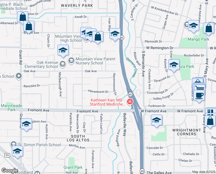 map of restaurants, bars, coffee shops, grocery stores, and more near 1731 Havenhurst Drive in Los Altos