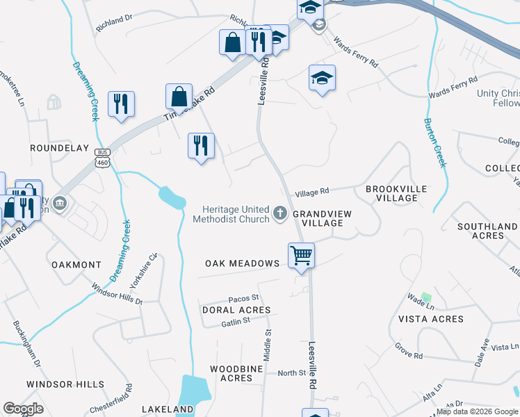 map of restaurants, bars, coffee shops, grocery stores, and more near 572 Leesville Road in Lynchburg