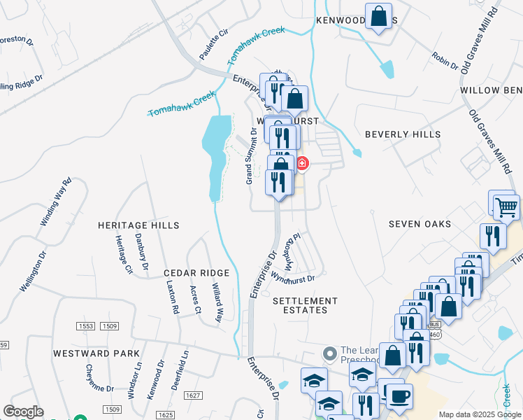 map of restaurants, bars, coffee shops, grocery stores, and more near Thistle Drive in Lynchburg