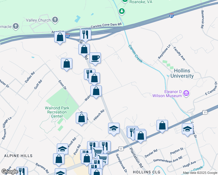 map of restaurants, bars, coffee shops, grocery stores, and more near 7701-7825 Lila Drive in Hollins