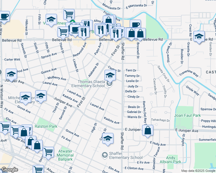 map of restaurants, bars, coffee shops, grocery stores, and more near 511 Village Circle Drive in Atwater