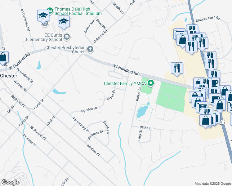 map of restaurants, bars, coffee shops, grocery stores, and more near 12321 Grove Place in Chester