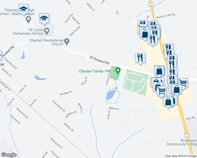 map of restaurants, bars, coffee shops, grocery stores, and more near 12301 Mason Avenue in Chester
