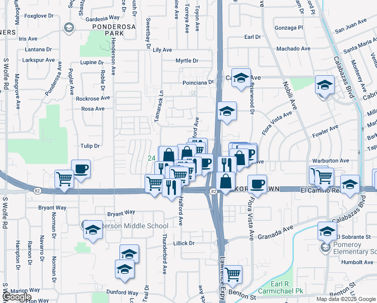 map of restaurants, bars, coffee shops, grocery stores, and more near 1720 Halford Avenue in Santa Clara
