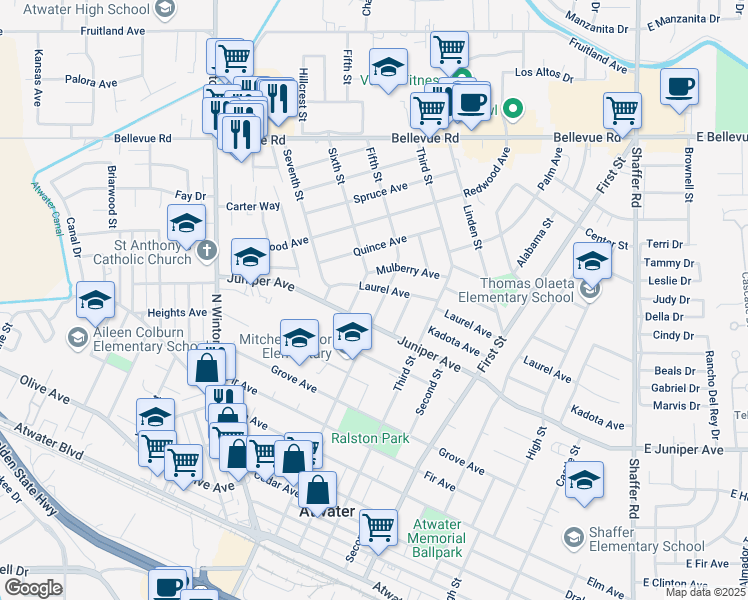 map of restaurants, bars, coffee shops, grocery stores, and more near 2001 Fifth Street in Atwater