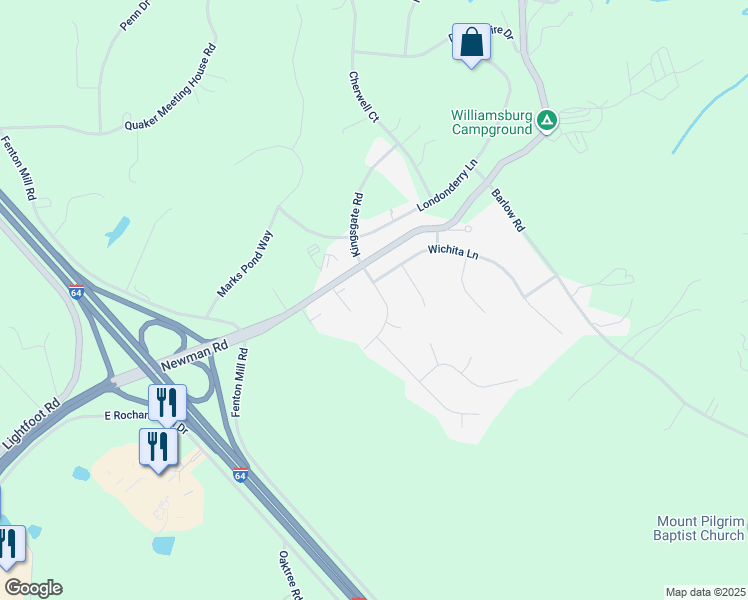 map of restaurants, bars, coffee shops, grocery stores, and more near 106 Indiana Lane in Williamsburg
