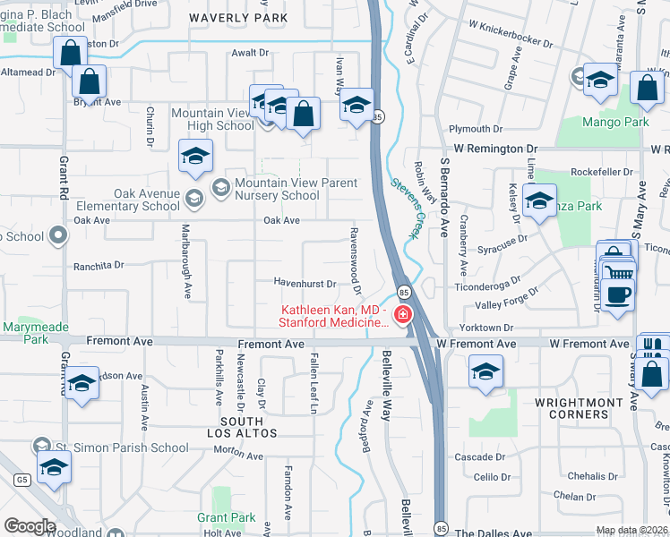 map of restaurants, bars, coffee shops, grocery stores, and more near 1731 Havenhurst Drive in Los Altos