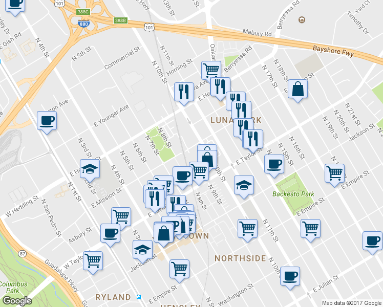 map of restaurants, bars, coffee shops, grocery stores, and more near 696 N 9th St in San Jose