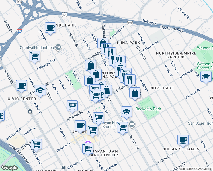 map of restaurants, bars, coffee shops, grocery stores, and more near 705 Cannery Place in San Jose