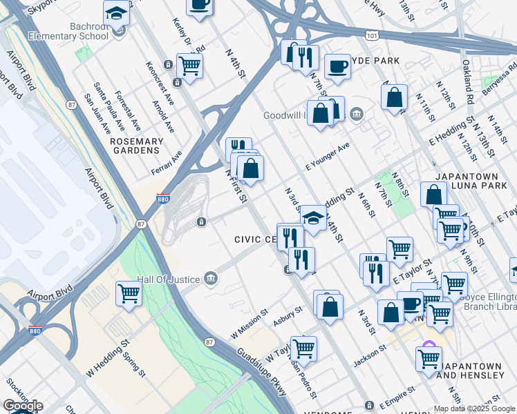 map of restaurants, bars, coffee shops, grocery stores, and more near 939 North 2nd Street in San Jose