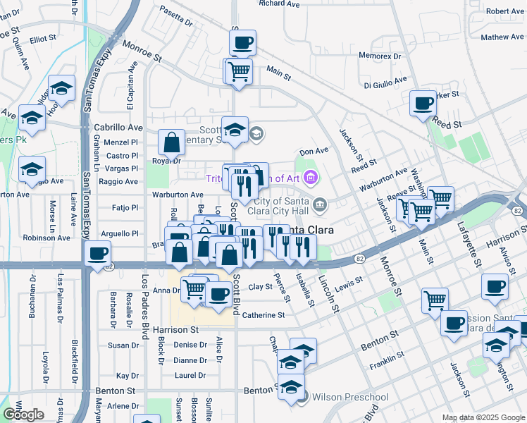 map of restaurants, bars, coffee shops, grocery stores, and more near 1700 Civic Center Drive in Santa Clara