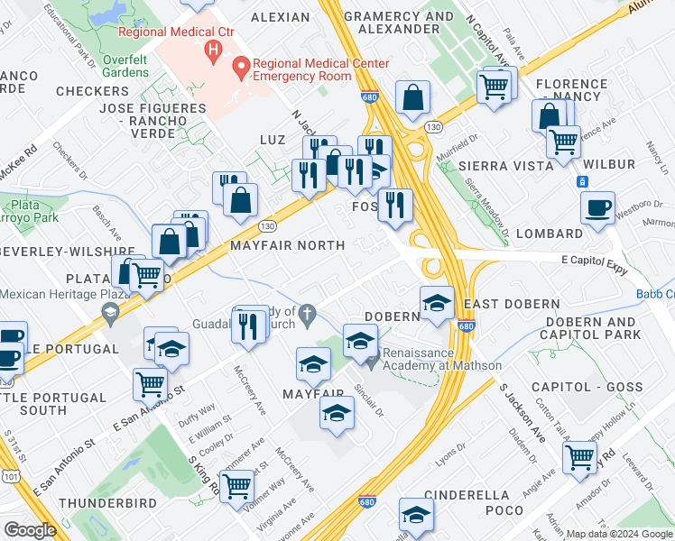 map of restaurants, bars, coffee shops, grocery stores, and more near 145 Goularte Way in San Jose