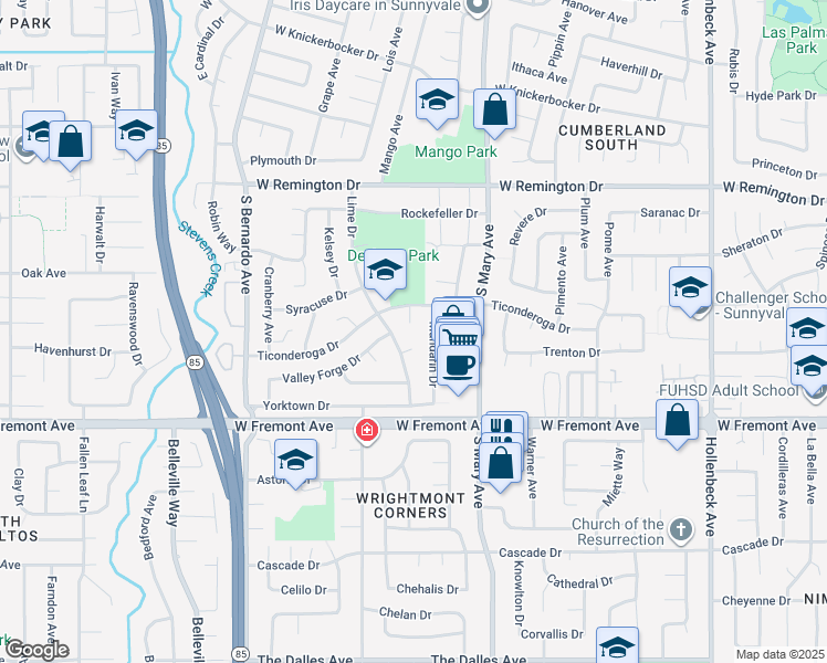 map of restaurants, bars, coffee shops, grocery stores, and more near 1242 Lime Drive in Sunnyvale