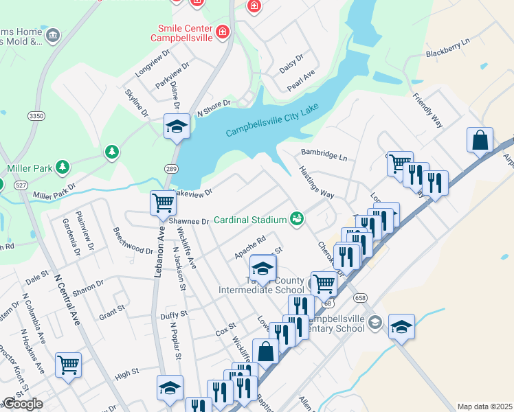 map of restaurants, bars, coffee shops, grocery stores, and more near 609 Osage Avenue in Campbellsville