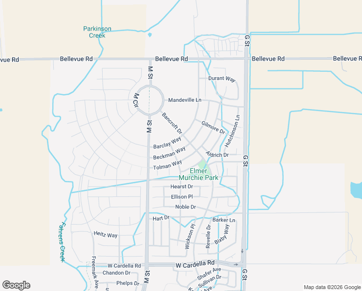 map of restaurants, bars, coffee shops, grocery stores, and more near 445 Tolman Way in Merced