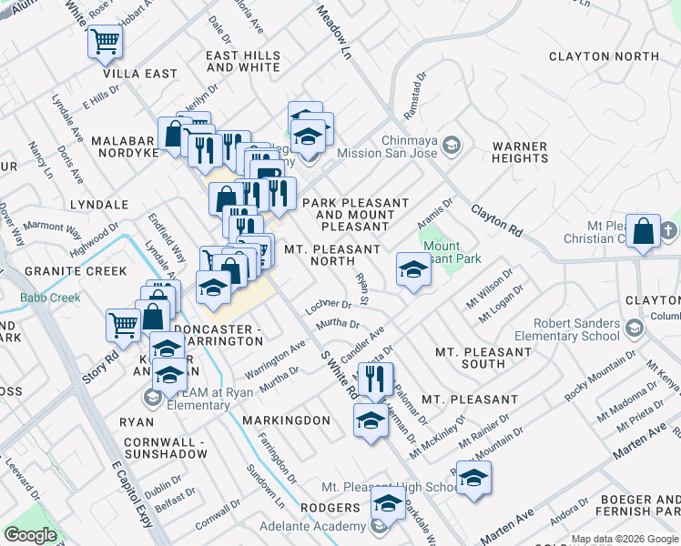 map of restaurants, bars, coffee shops, grocery stores, and more near 10221 Griffith Street in San Jose