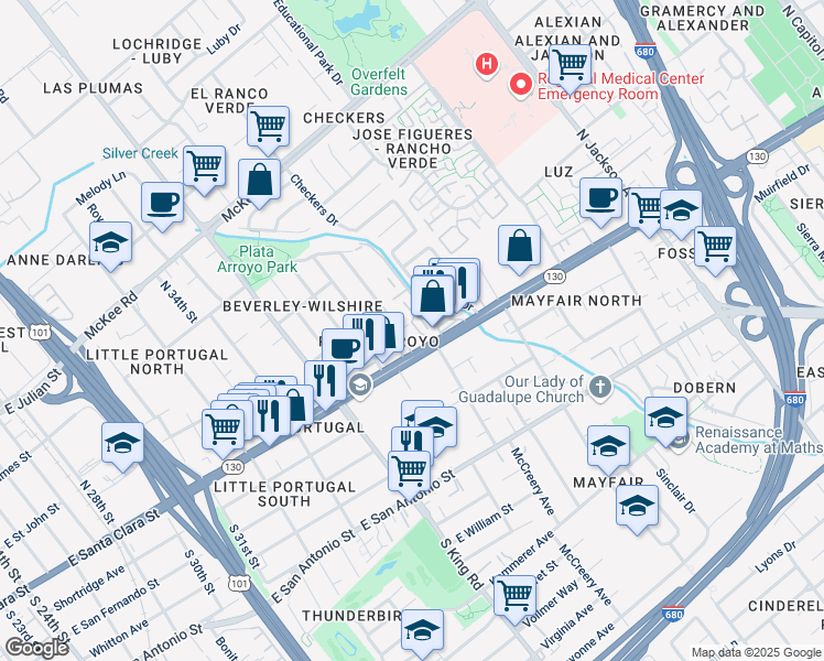 map of restaurants, bars, coffee shops, grocery stores, and more near 1897 Alum Rock Avenue in San Jose