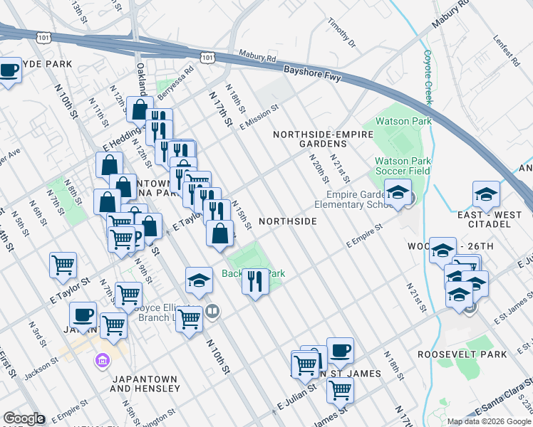 map of restaurants, bars, coffee shops, grocery stores, and more near 607 North 16th Street in San Jose