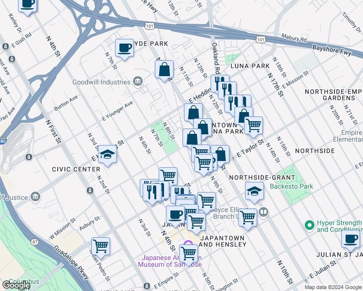 map of restaurants, bars, coffee shops, grocery stores, and more near 350 East Mission Street in San Jose