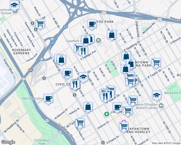 map of restaurants, bars, coffee shops, grocery stores, and more near 867 North 5th Street in San Jose
