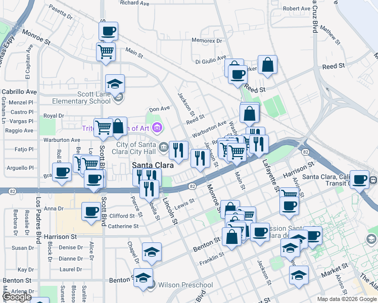 map of restaurants, bars, coffee shops, grocery stores, and more near 1620 Monroe Street in Santa Clara