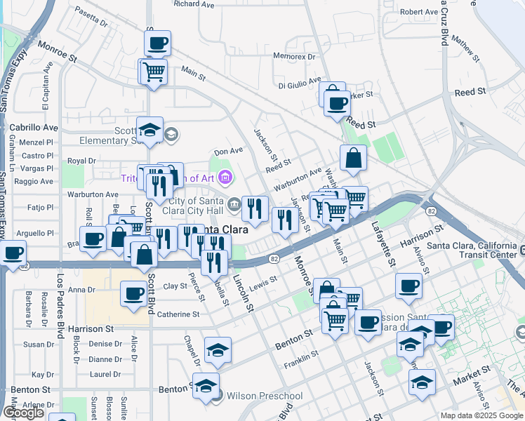 map of restaurants, bars, coffee shops, grocery stores, and more near in Santa Clara