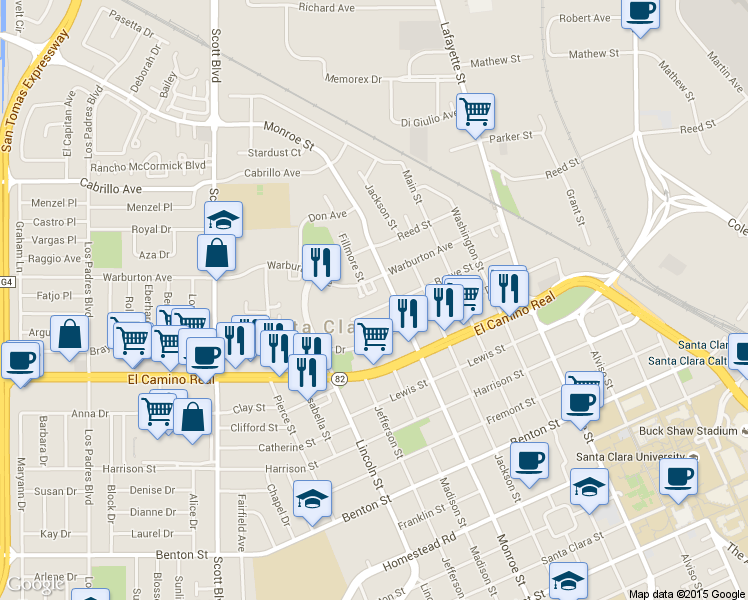 map of restaurants, bars, coffee shops, grocery stores, and more near in Santa Clara