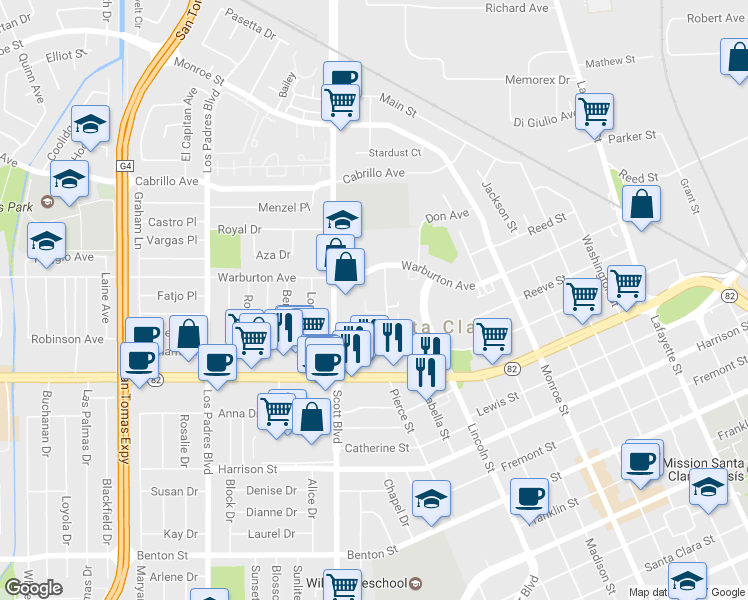 map of restaurants, bars, coffee shops, grocery stores, and more near 1690 Civic Center Drive in Santa Clara