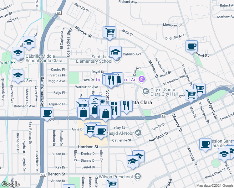 map of restaurants, bars, coffee shops, grocery stores, and more near 1675 Scott Boulevard in Santa Clara
