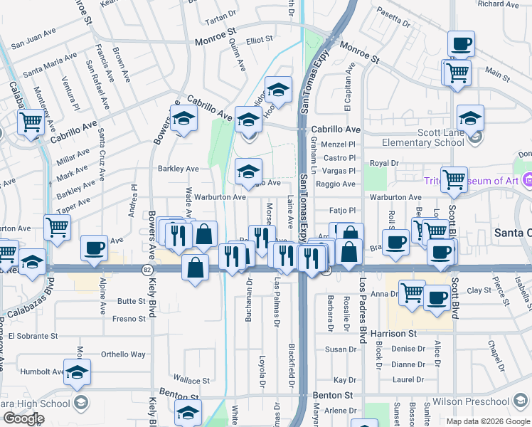 map of restaurants, bars, coffee shops, grocery stores, and more near 1745 Higgins Avenue in Santa Clara