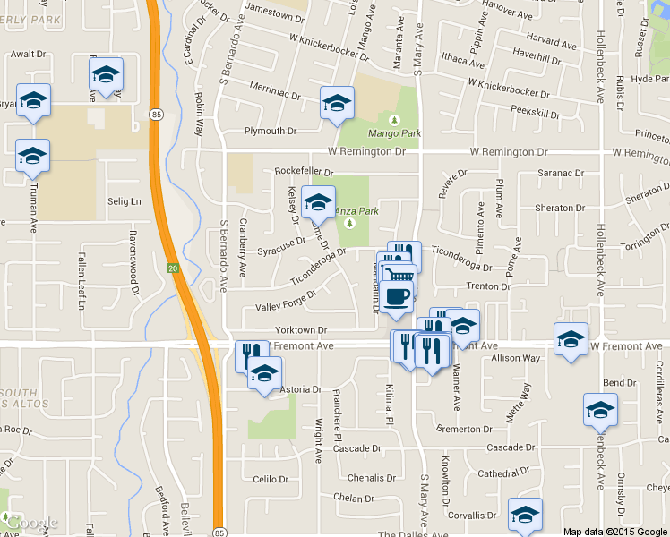 map of restaurants, bars, coffee shops, grocery stores, and more near 1025 Valley Forge Drive in Sunnyvale