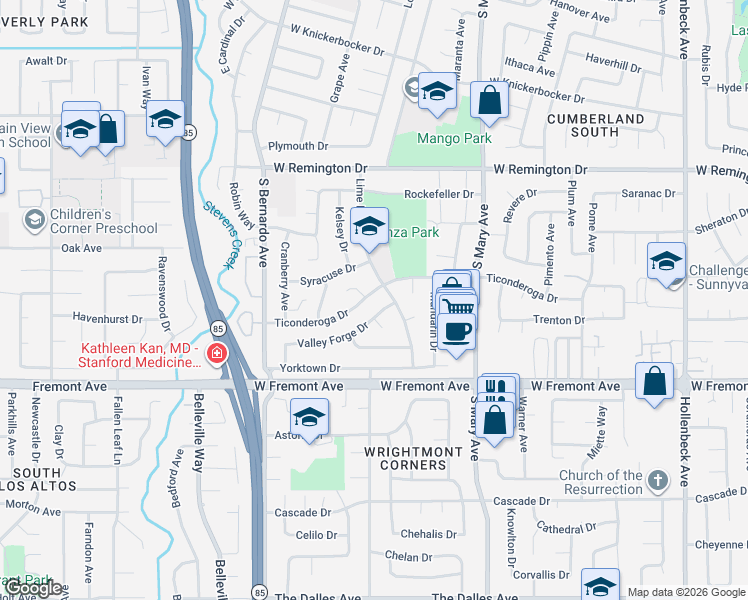 map of restaurants, bars, coffee shops, grocery stores, and more near 1025 Valley Forge Drive in Sunnyvale