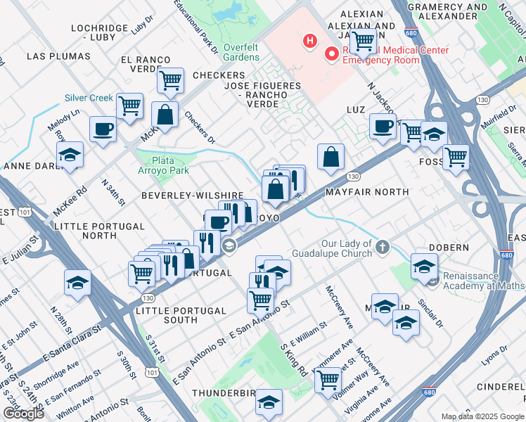 map of restaurants, bars, coffee shops, grocery stores, and more near 1897 Alum Rock Avenue in San Jose
