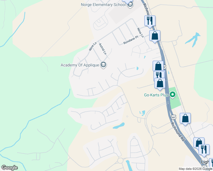 map of restaurants, bars, coffee shops, grocery stores, and more near 6827 Arthur Hills Drive in Williamsburg