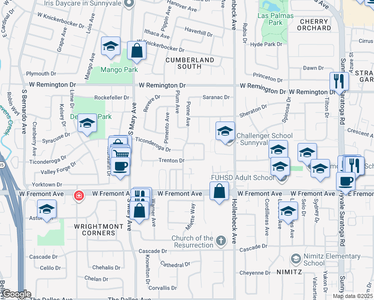 map of restaurants, bars, coffee shops, grocery stores, and more near 801 Trenton Drive in Sunnyvale