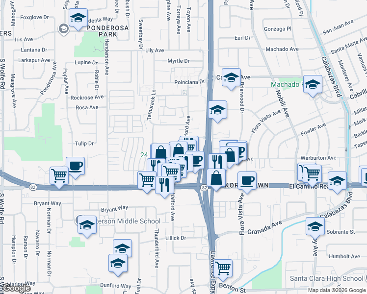 map of restaurants, bars, coffee shops, grocery stores, and more near 1720 Halford Avenue in Santa Clara