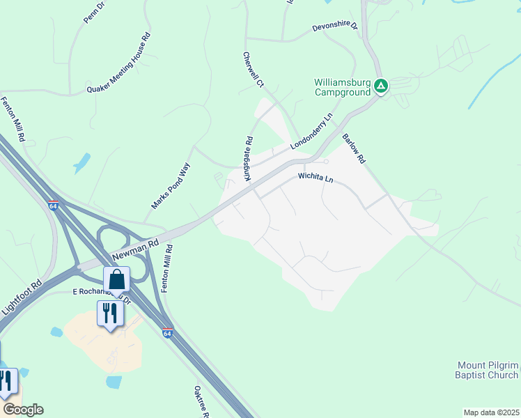 map of restaurants, bars, coffee shops, grocery stores, and more near 106 Indiana Lane in Williamsburg