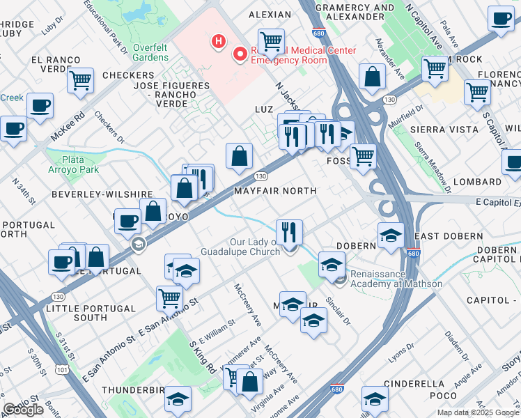 map of restaurants, bars, coffee shops, grocery stores, and more near 76 Sunset Court in San Jose