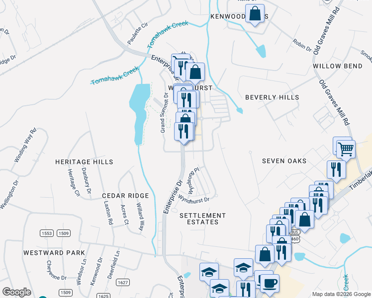 map of restaurants, bars, coffee shops, grocery stores, and more near 1303 Enterprise Drive in Lynchburg